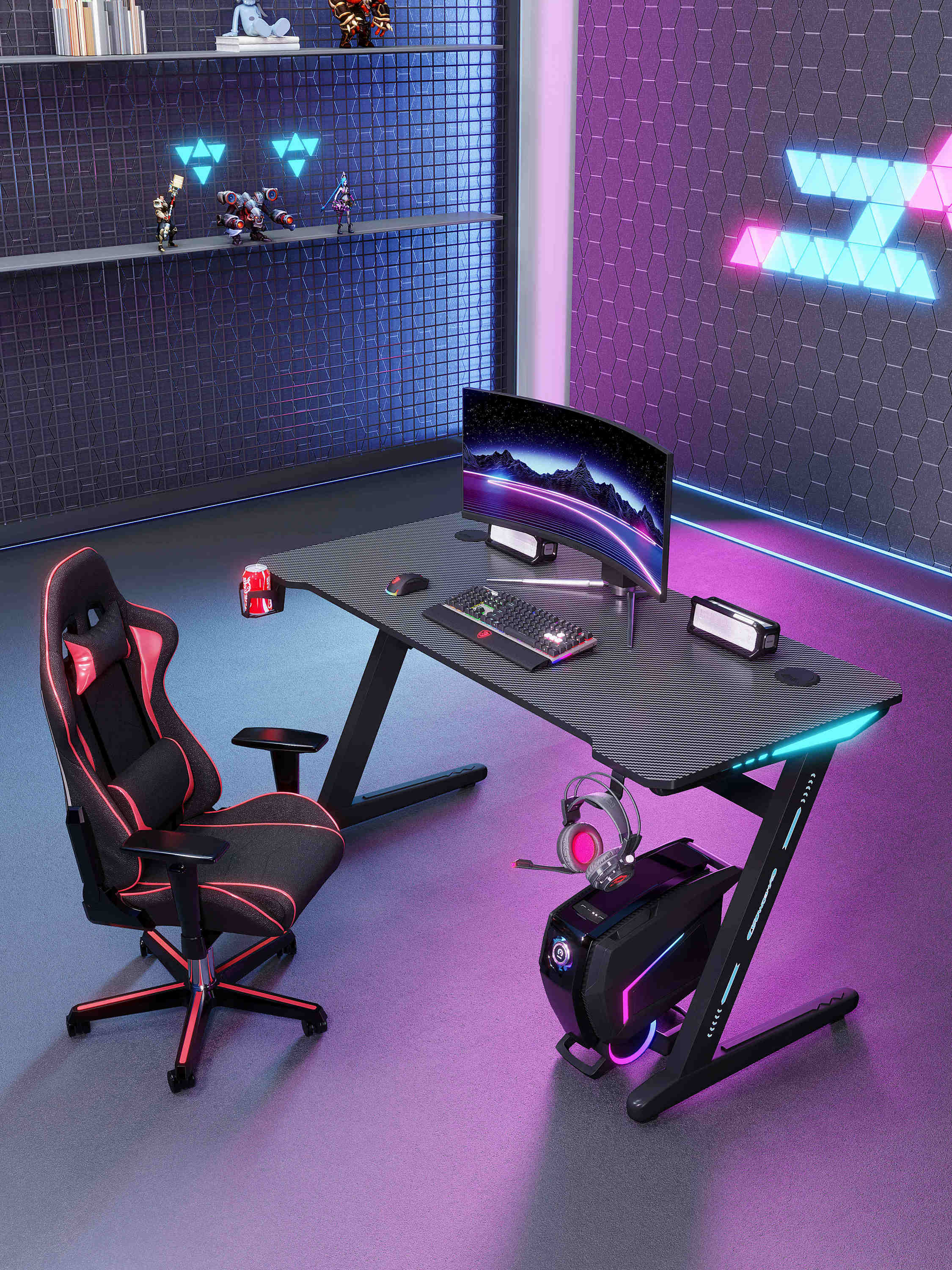 Gaming Desk Z Shaped Large PC Computer Gaming Desk Table with RGB LED Lights, Cup Holder & Headphone Hook