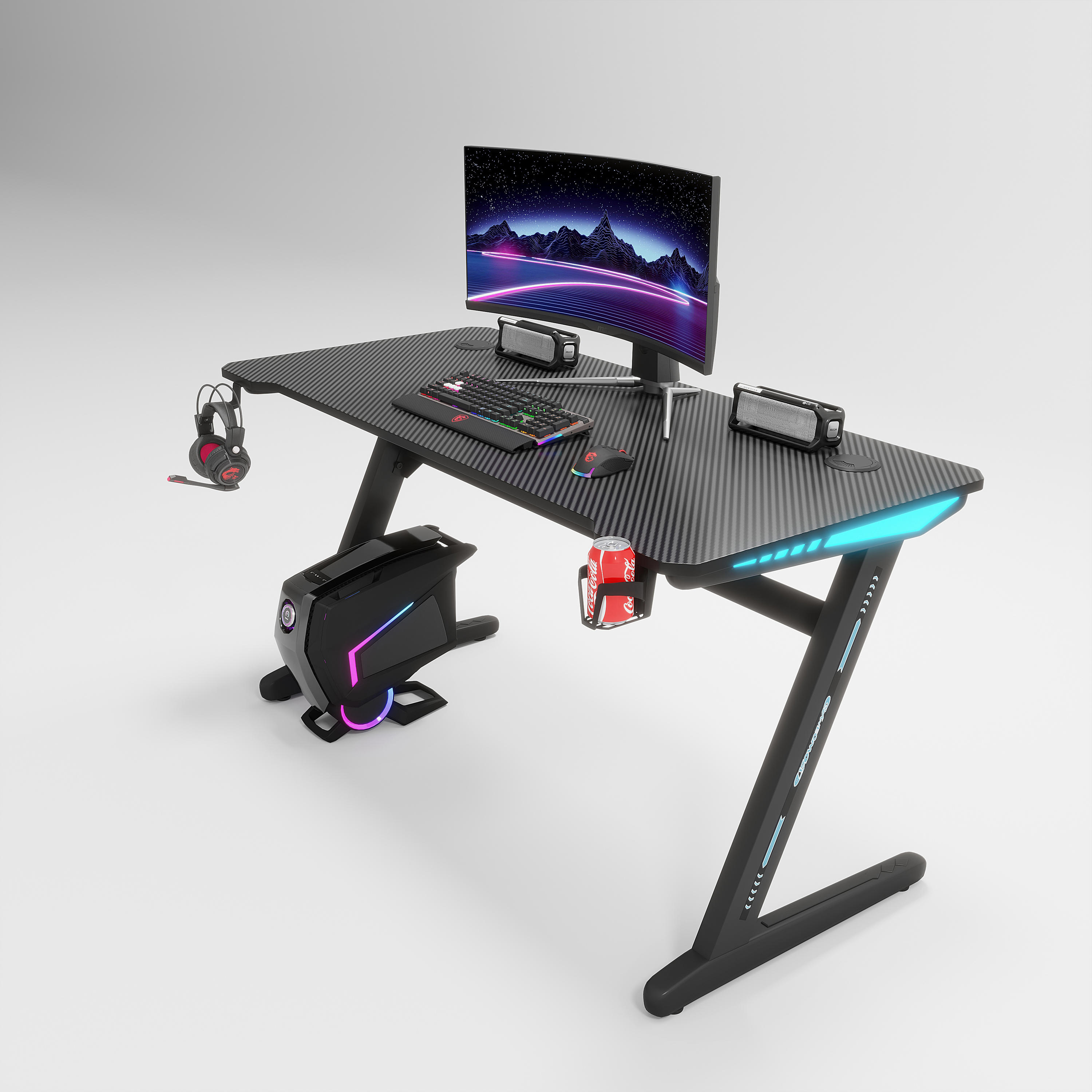 Gaming Desk Z Shaped Large PC Computer Gaming Desk Table with RGB LED Lights, Cup Holder & Headphone Hook