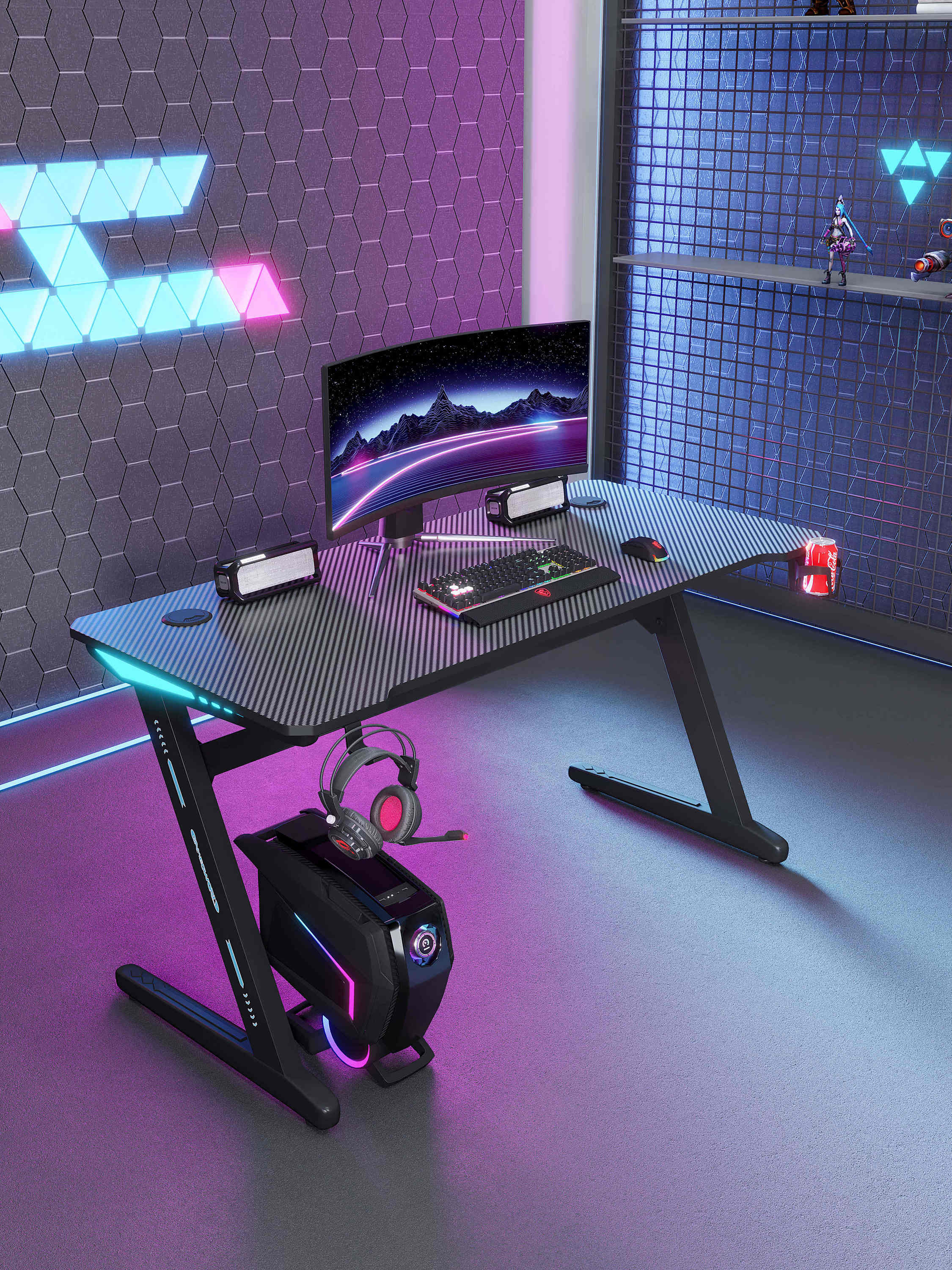 Gaming Desk Z Shaped Large PC Computer Gaming Desk Table with RGB LED Lights, Cup Holder & Headphone Hook