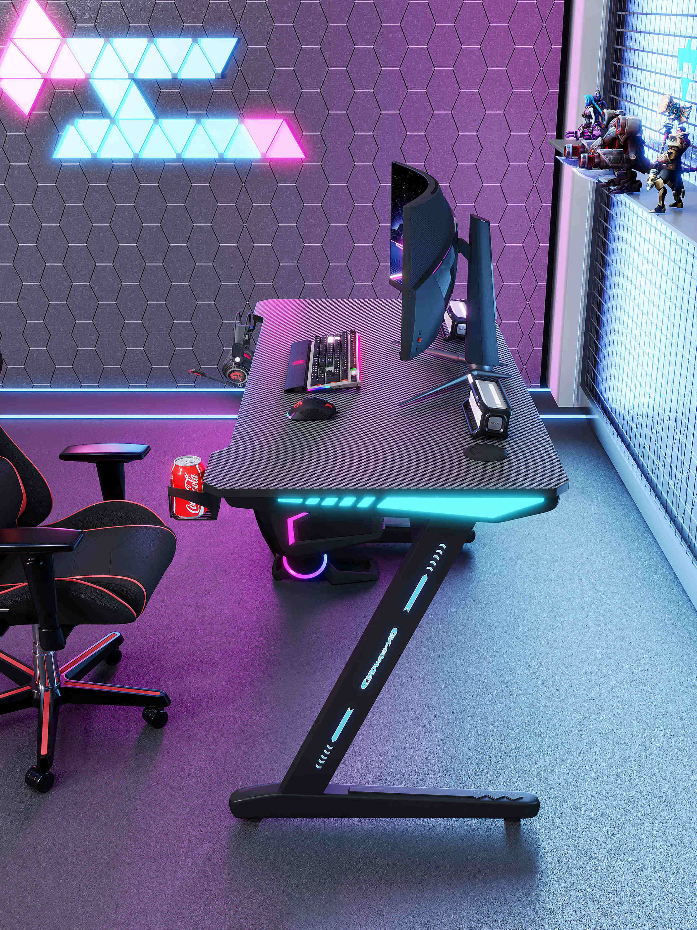 Gaming Desk Z Shaped Large PC Computer Gaming Desk Table with RGB LED Lights, Cup Holder & Headphone Hook