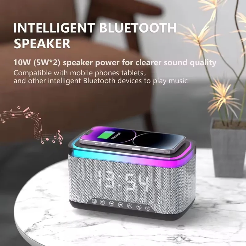 S300 Bluetooth-compatible Speaker Digital Alarm Clock 10W Wireless Charger Music Subwoofer with Colorful Light - White