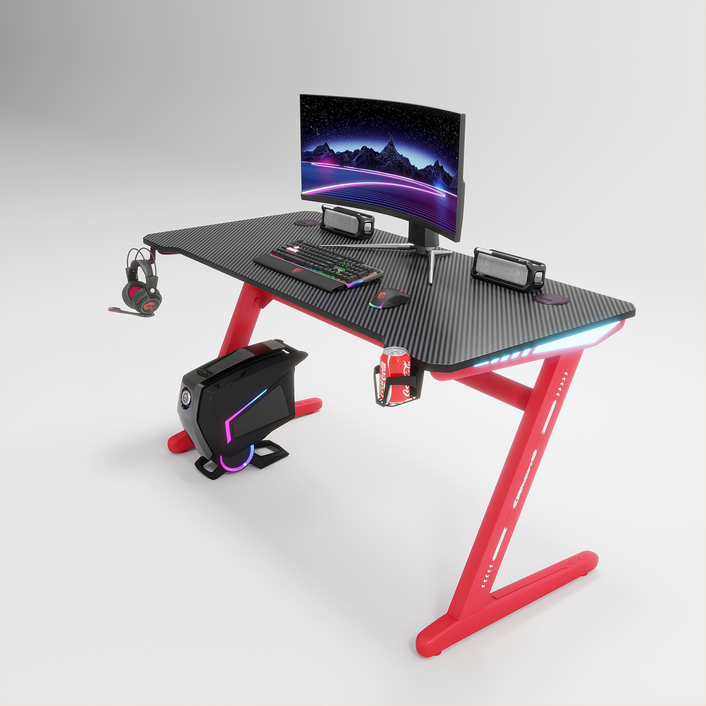 Gaming Desk Z Shaped Large PC Computer Gaming Desk Table with RGB LED Lights, Cup Holder & Headphone Hook